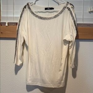BKE Boutique Cream Boatneck Top with Silver Beaded Trim